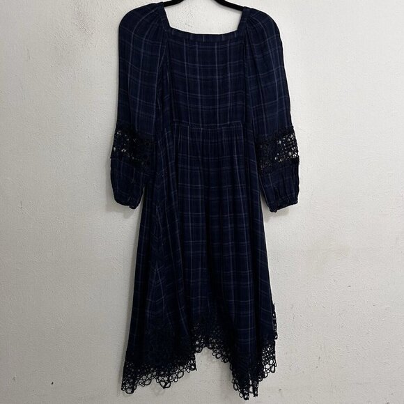 AKEMI + KIN ANTHROPOLOGIE Codie Kerchief DRESS Crochet Trim Blue Plaid Size - Picture 8 of 16